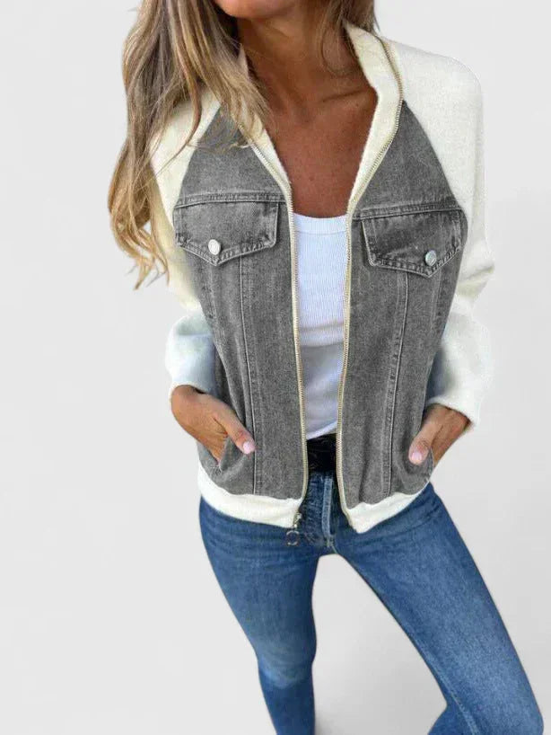 Women's Colourblock Denim Zip-Up Bomber Jacket – Chest Pockets