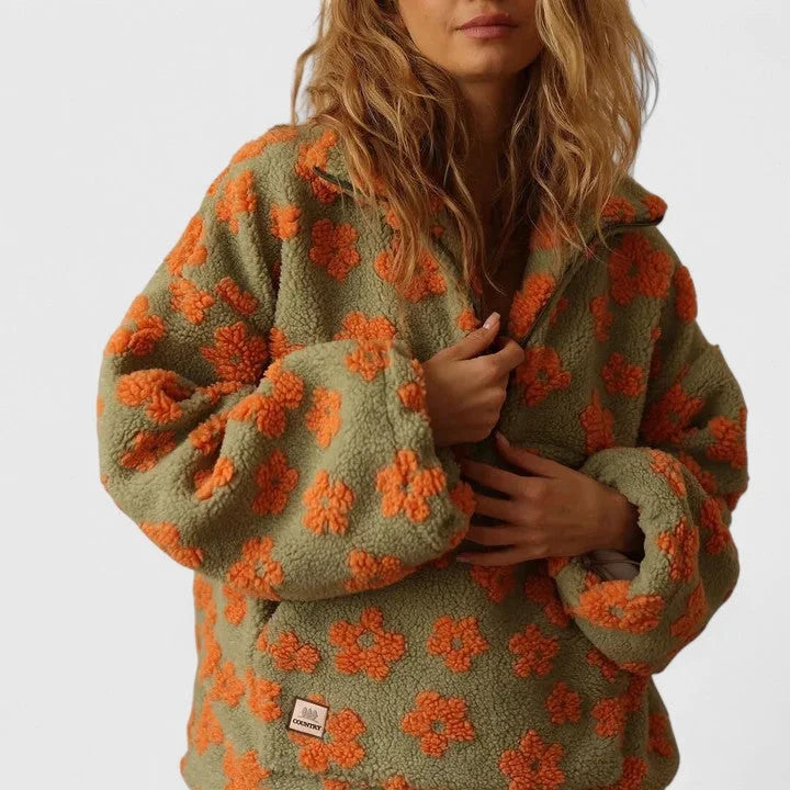 Women's Floral Borg Half-Zip Fleece Jacket – Front Pouch Pocket