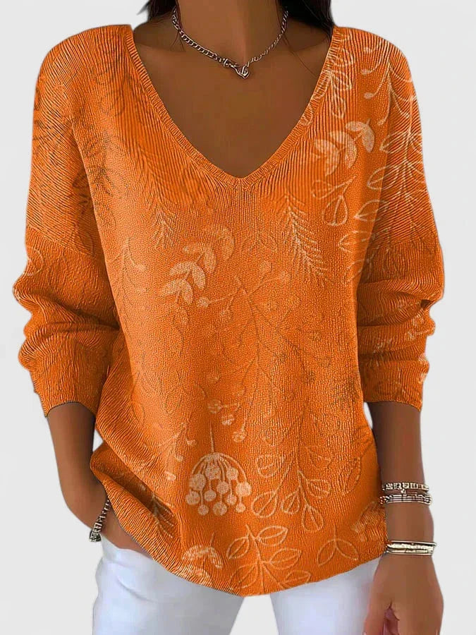 Women's Floral Ribbed V-Neck Jumper – Leafy Pattern