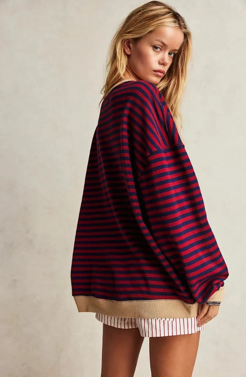 Women's Striped Oversized Pullover Sweater – Long Sleeves