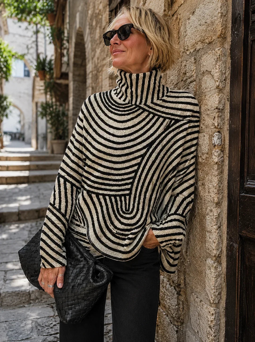 Women's Striped Roll Neck Turtleneck Sweater