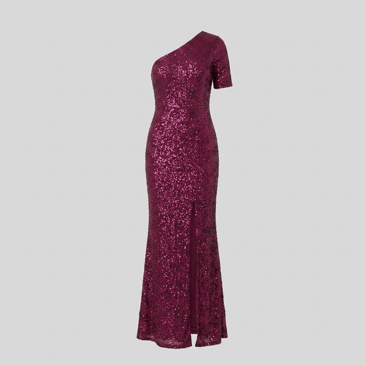 Women's Maxi Dress – Red Sequin One-Shoulder Christmas Party