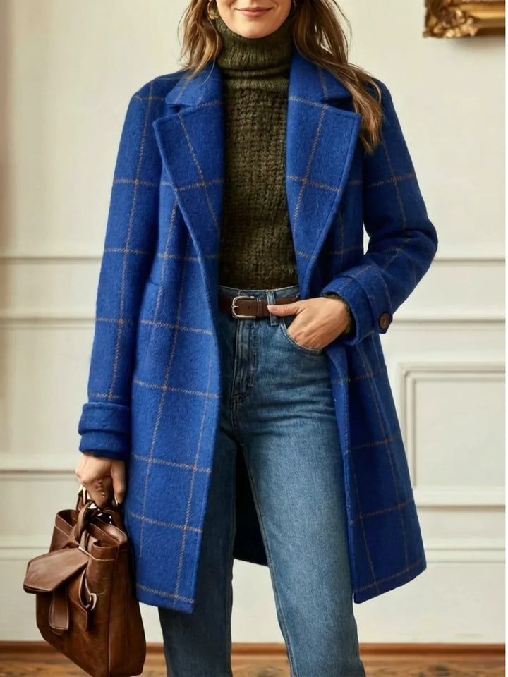 Women's Windowpane Check Wool Coat – Wide Collar
