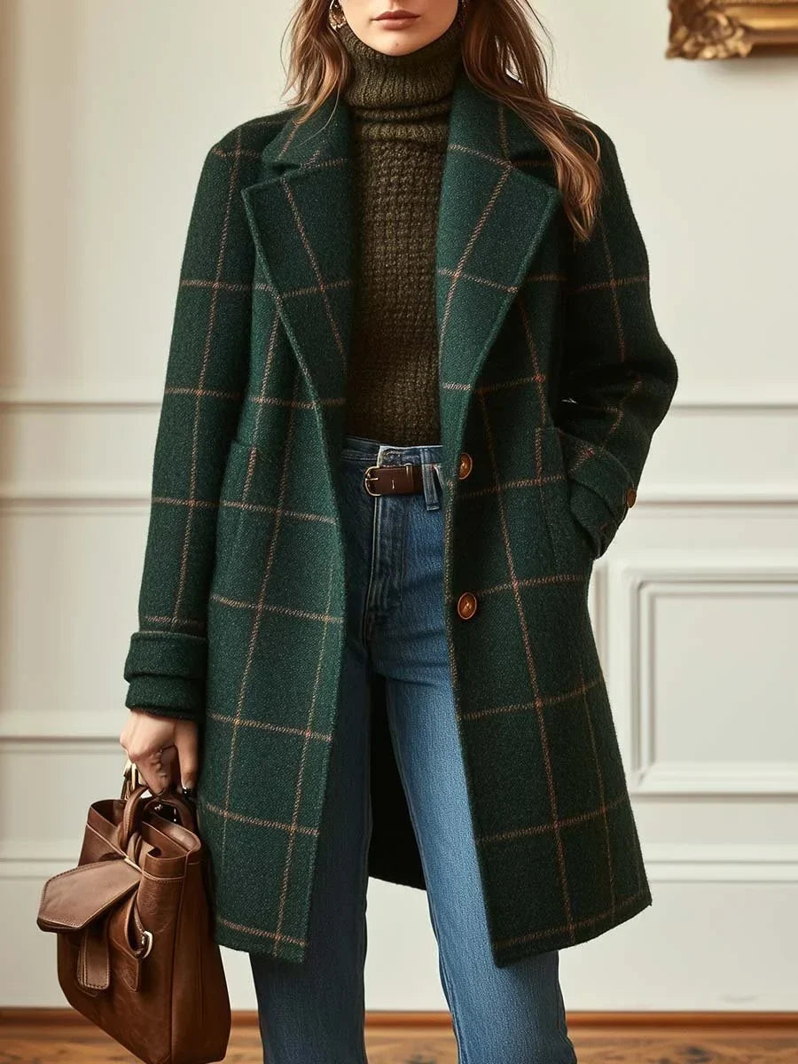 Women's Windowpane Check Wool Coat – Wide Collar