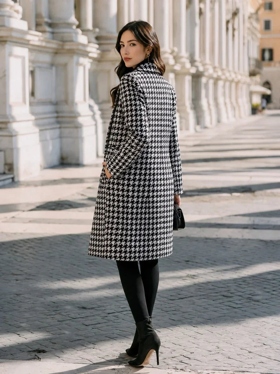 Women's Houndstooth Double Breasted Long Coat