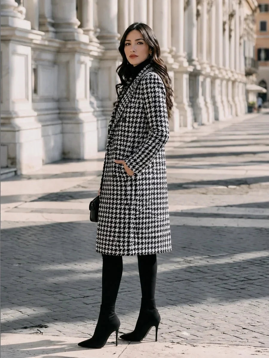 Women's Houndstooth Double Breasted Long Coat