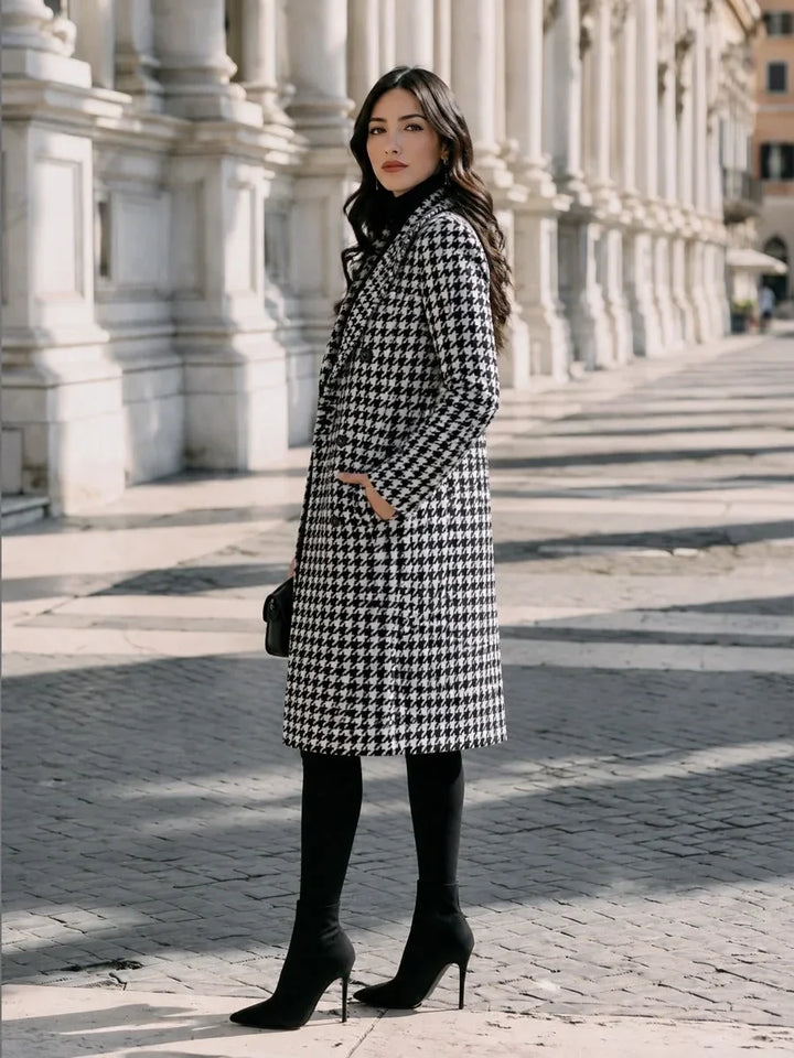 Women's Houndstooth Double Breasted Long Coat