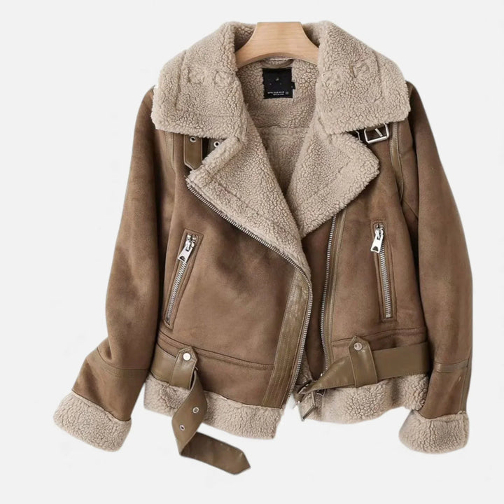 Women's Jacket – Suede Faux-Shearling Belted Aviator Winter