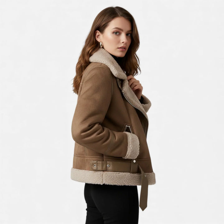 Women's Jacket – Suede Faux-Shearling Belted Aviator Winter