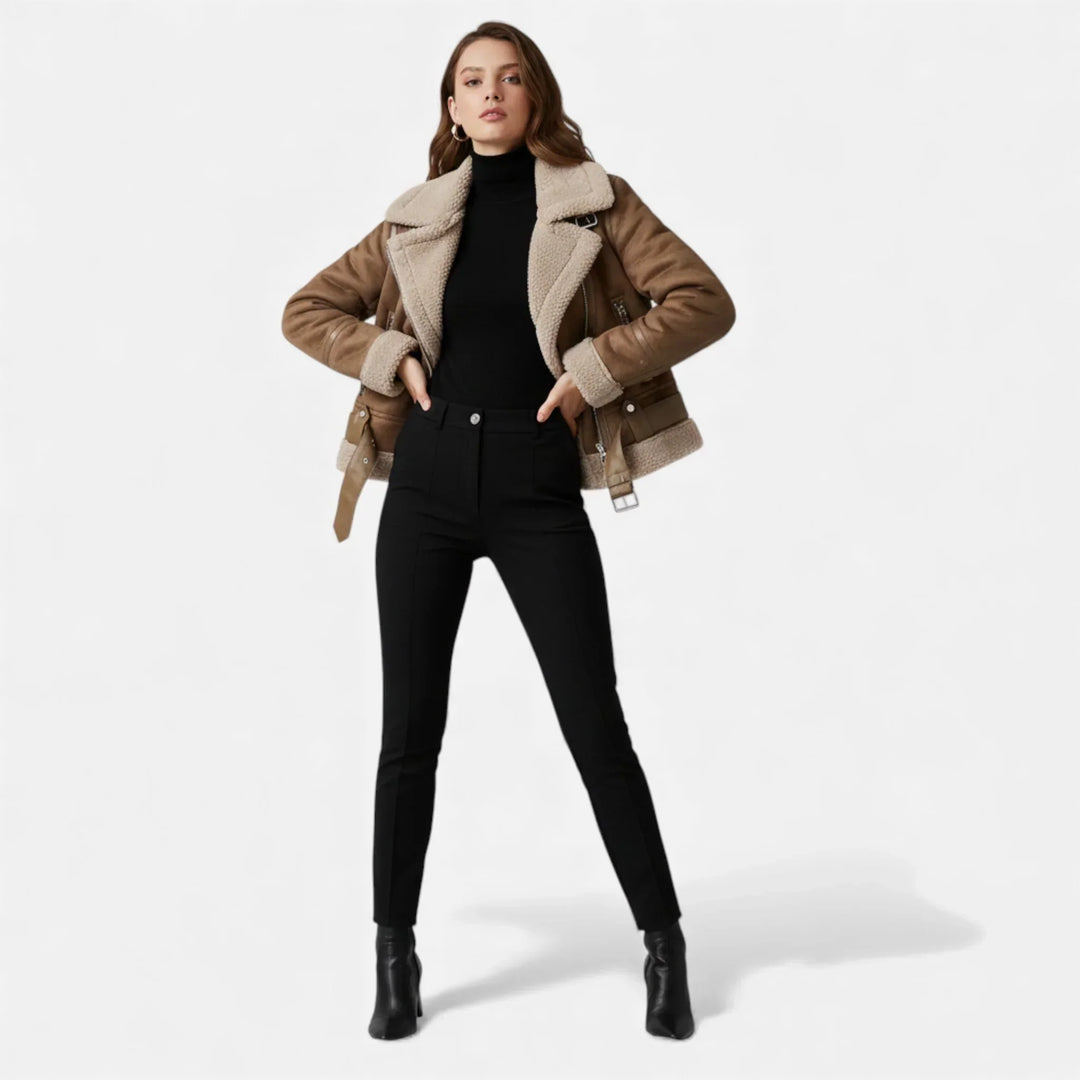 Women's Jacket – Suede Faux-Shearling Belted Aviator Winter