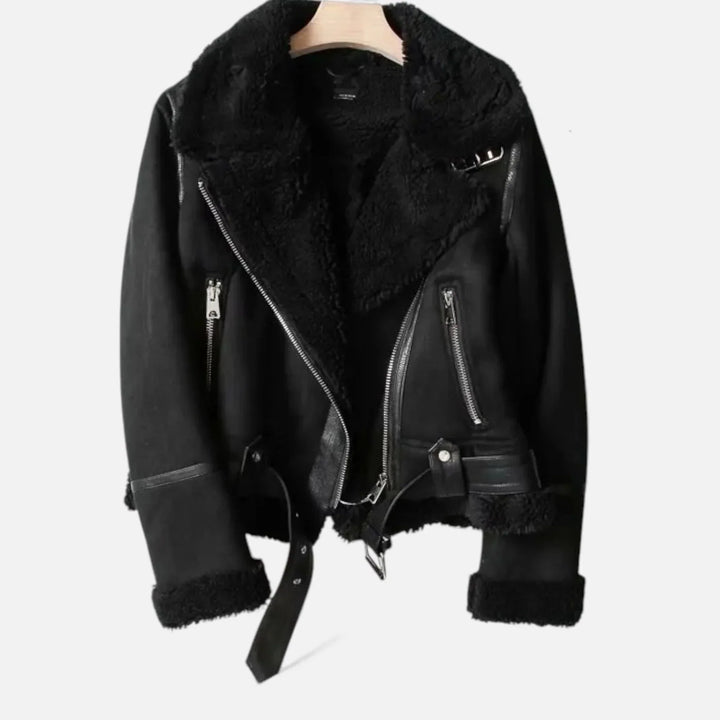 Women's Jacket – Suede Faux-Shearling Belted Aviator Winter