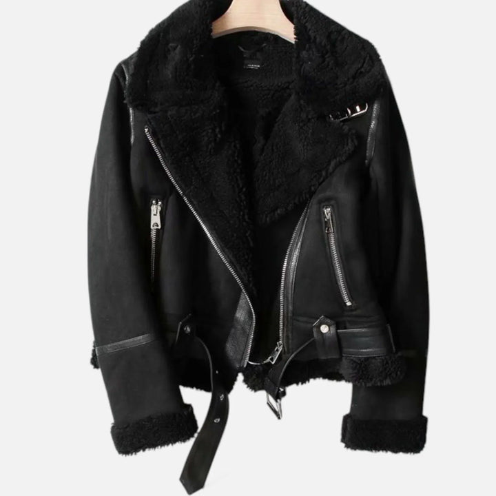 Women's Jacket – Suede Faux-Shearling Belted Aviator Winter