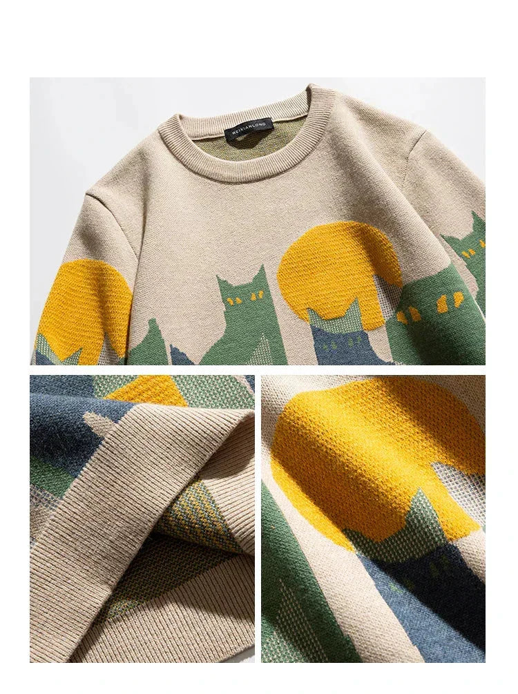 Women's Abstract Cat Graphic Knit Sweater – Long-Sleeve Crewneck