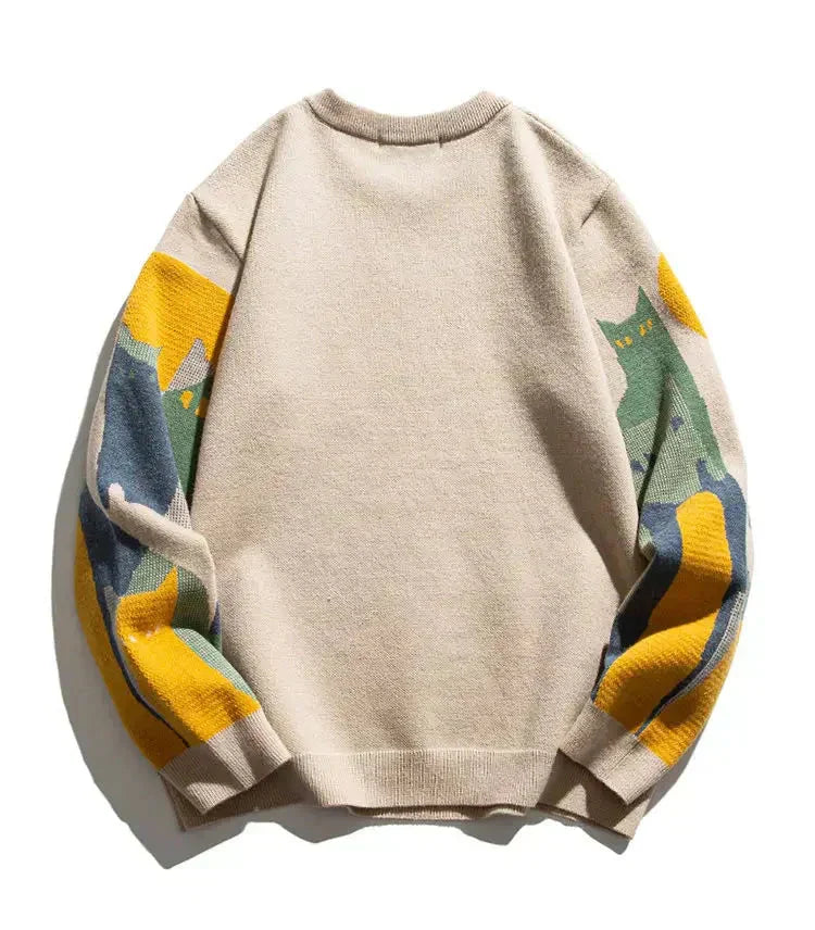 Women's Abstract Cat Graphic Knit Sweater – Long-Sleeve Crewneck
