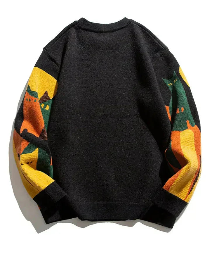 Women's Abstract Cat Graphic Knit Sweater – Long-Sleeve Crewneck