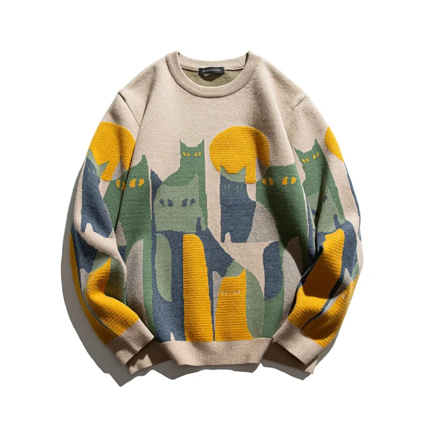 Women's Abstract Cat Graphic Knit Sweater – Long-Sleeve Crewneck