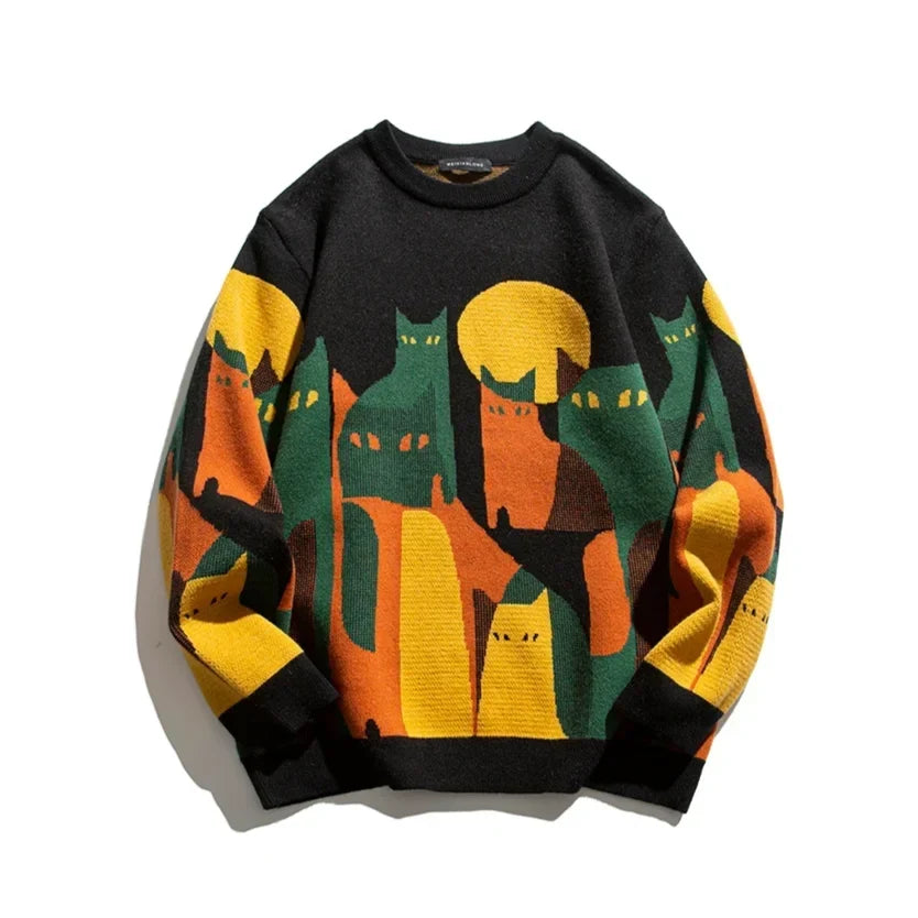 Women's Abstract Cat Graphic Knit Sweater – Long-Sleeve Crewneck