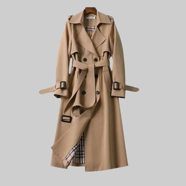 Women's Beige Double-Breasted Trench Coat – Belted Waist And Plaid Lining