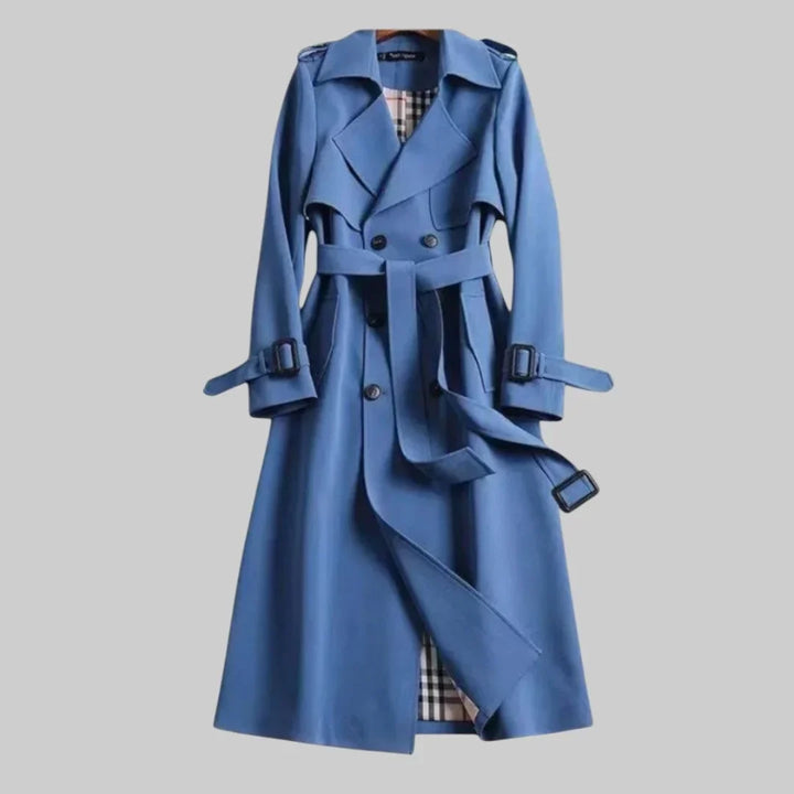 Women's Beige Double-Breasted Trench Coat – Belted Waist And Plaid Lining