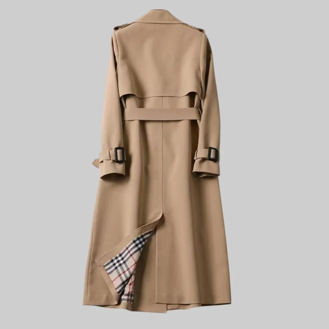 Women's Beige Double-Breasted Trench Coat – Belted Waist And Plaid Lining