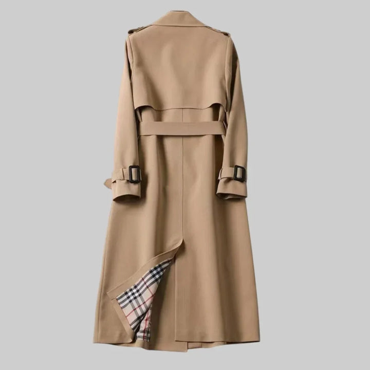 Women's Beige Double-Breasted Trench Coat – Belted Waist And Plaid Lining