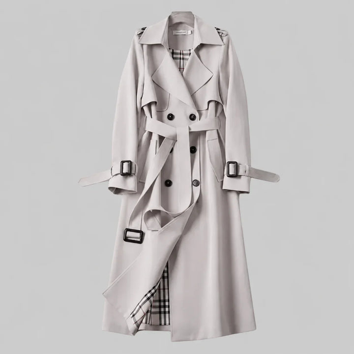 Women's Beige Double-Breasted Trench Coat – Belted Waist And Plaid Lining