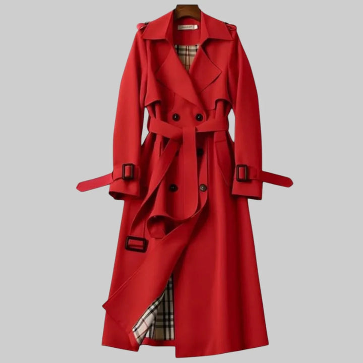 Women's Beige Double-Breasted Trench Coat – Belted Waist And Plaid Lining