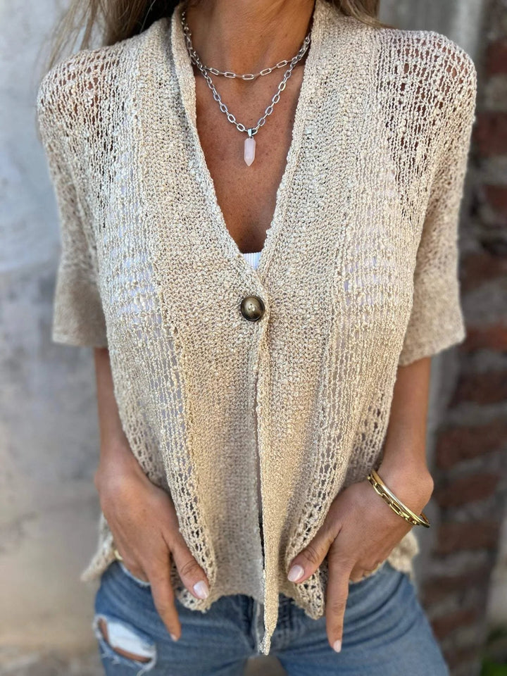 Women's Beige Open-Knit Cardigan – V-Neck Elbow-Sleeve Single Button Closure