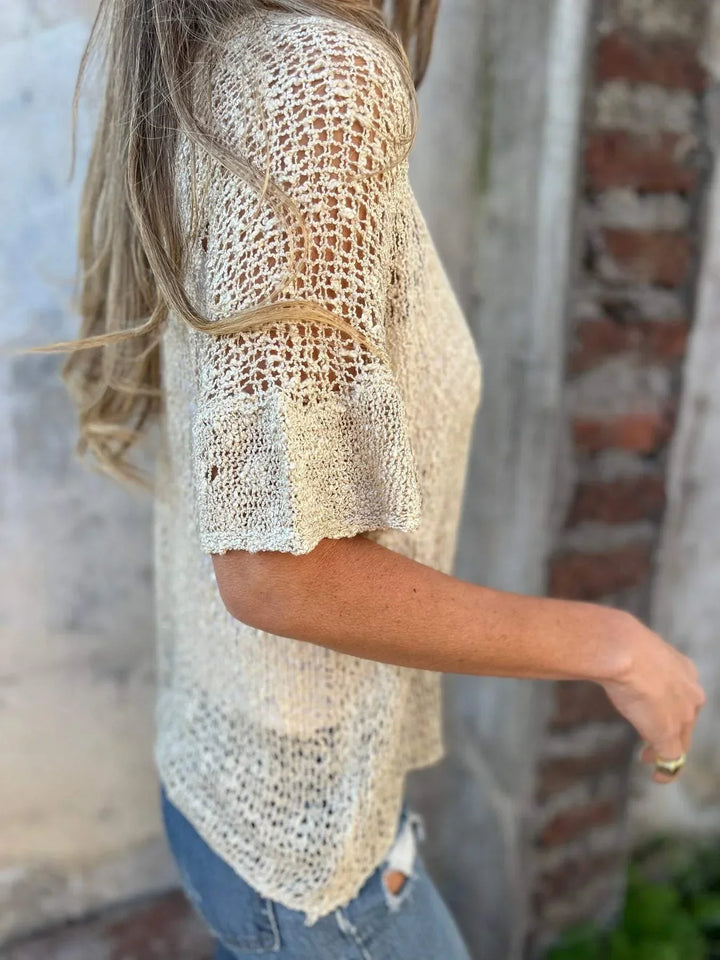 Women's Beige Open-Knit Cardigan – V-Neck Elbow-Sleeve Single Button Closure