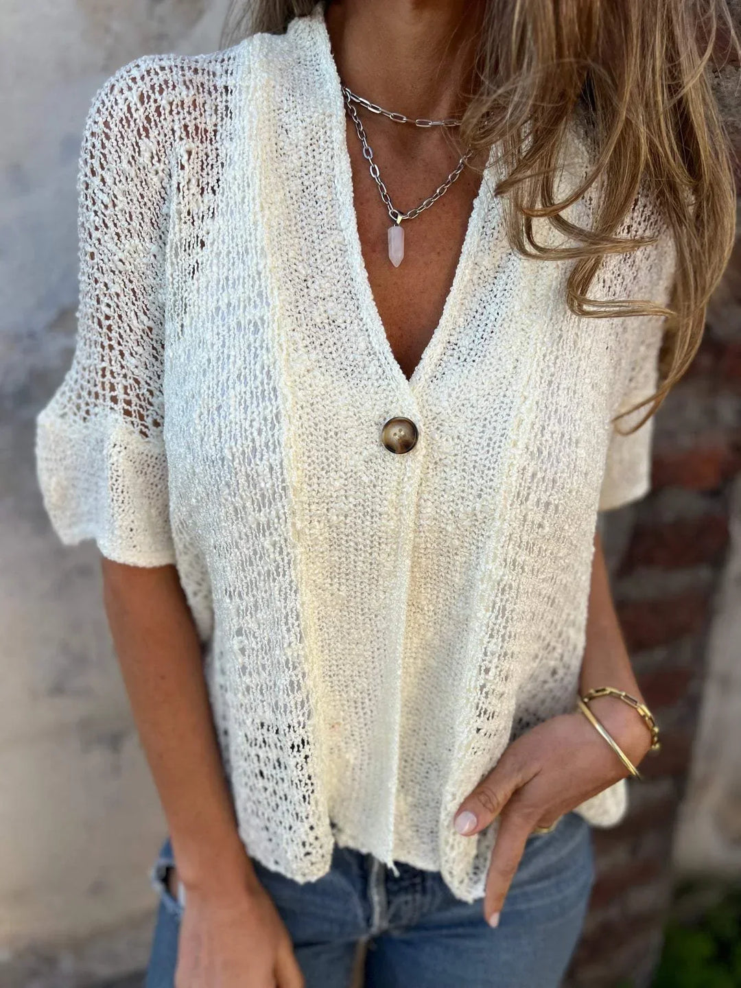 Women's Beige Open-Knit Cardigan – V-Neck Elbow-Sleeve Single Button Closure