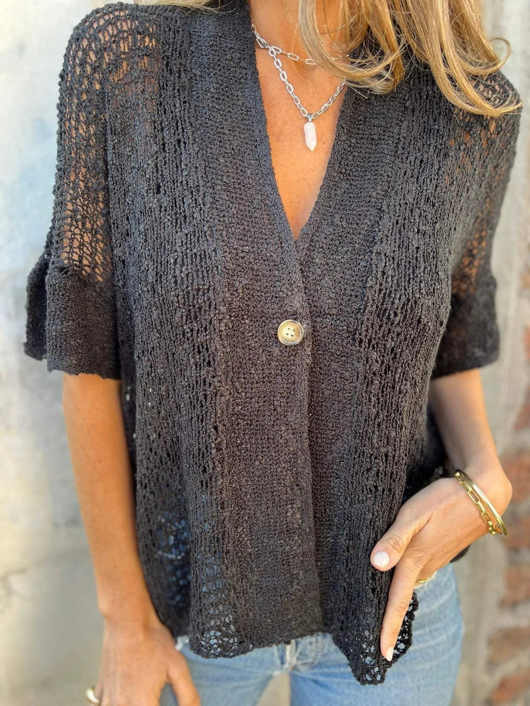 Women's Beige Open-Knit Cardigan – V-Neck Elbow-Sleeve Single Button Closure