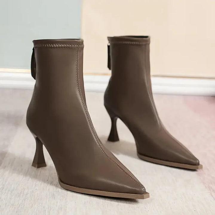 Women's Black Leather Pointed-Toe Kitten-Heel Ankle Boots – Zipper