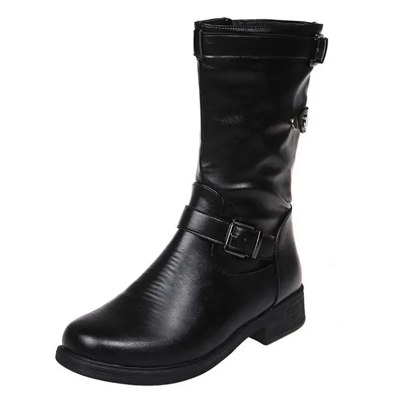 Women's Black Supportive Comfort Mid-Calf Biker Boots – Side Zipper