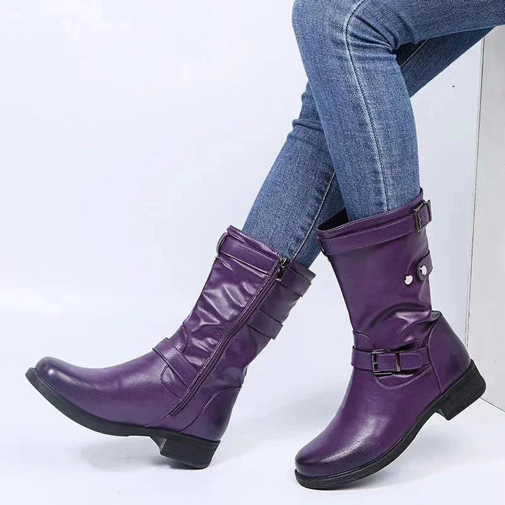 Women's Black Supportive Comfort Mid-Calf Biker Boots – Side Zipper