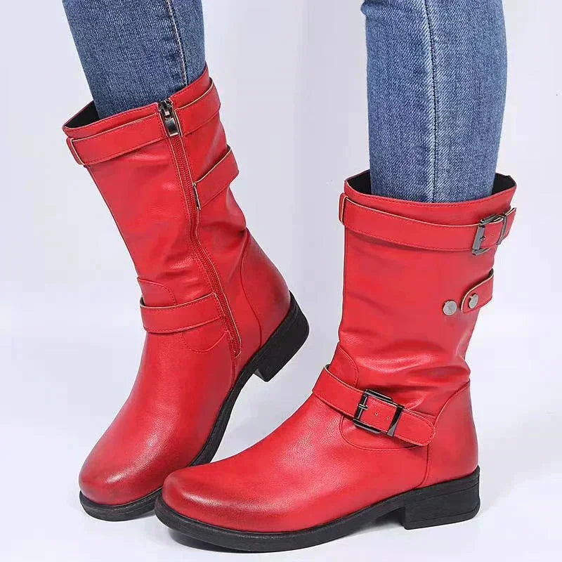 Women's Black Supportive Comfort Mid-Calf Biker Boots – Side Zipper