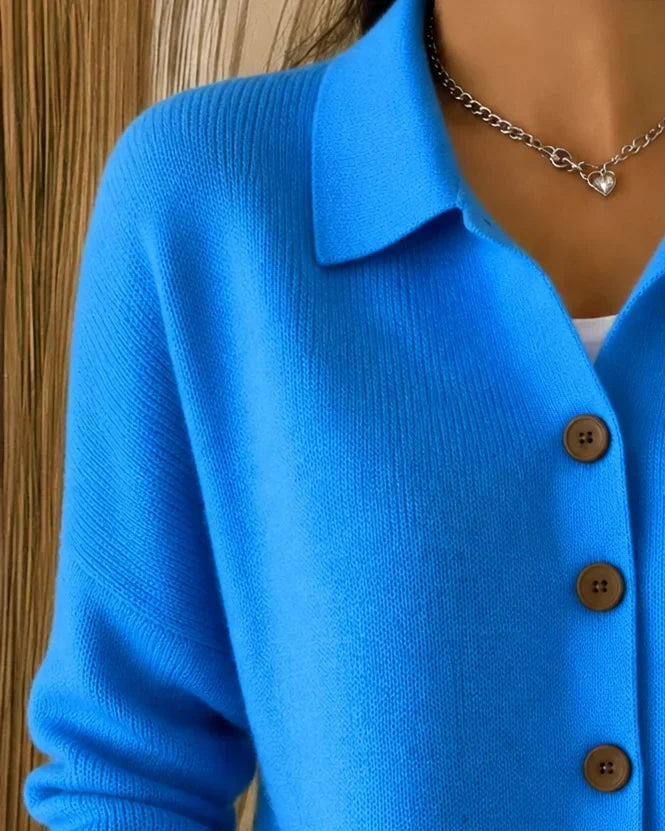 Women's Blue Knit Collared Button-Front Cardigan Sweater – Long Sleeves