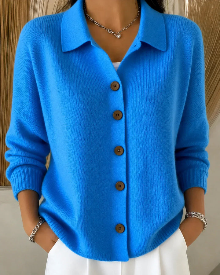 Women's Blue Knit Collared Button-Front Cardigan Sweater – Long Sleeves