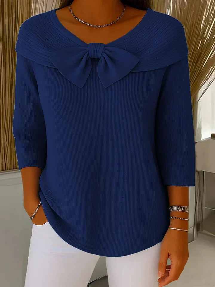 Women's Bow-Detail Ribbed Knit Sweater – V-Neck And 3/4 Sleeve