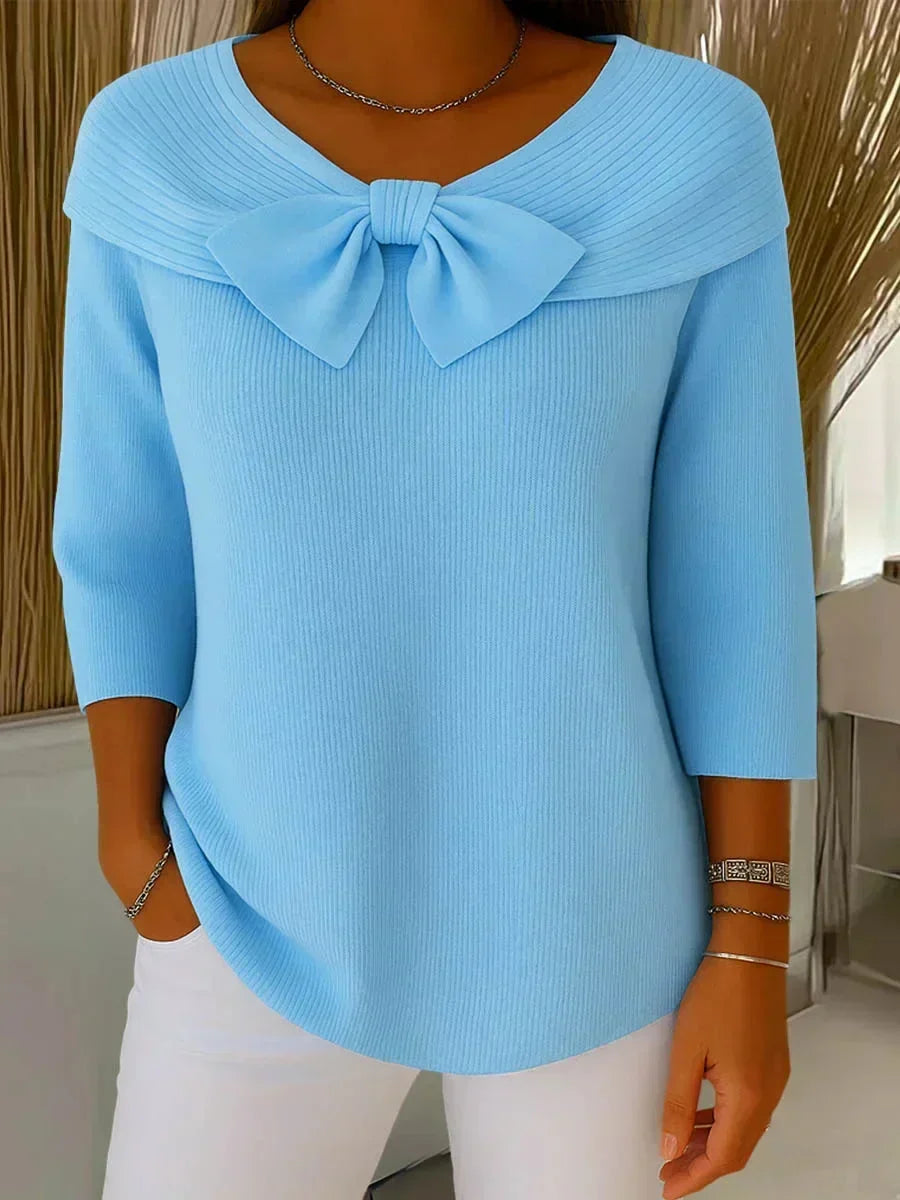 Women's Bow-Detail Ribbed Knit Sweater – V-Neck And 3/4 Sleeve