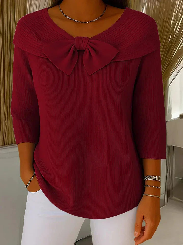 Women's Bow-Detail Ribbed Knit Sweater – V-Neck And 3/4 Sleeve