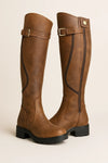 Women's Brown Knee-High Riding Boots – Decorative Buckle And Lug Sole