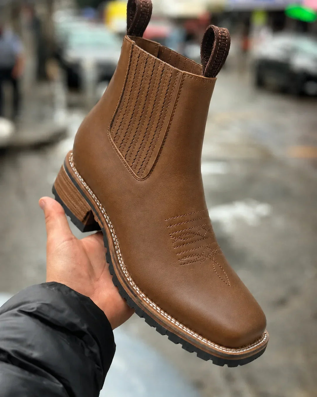 Women's Brown Leather Chelsea Cowboy Boots – Elastic Side Panels And Square-Toe