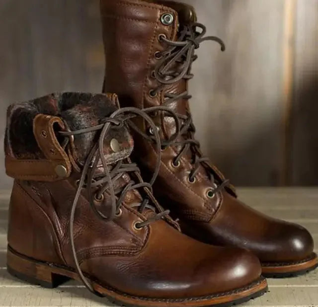 Women's Brown Leather Mid-Calf Combat Boots – Lace-Up Front
