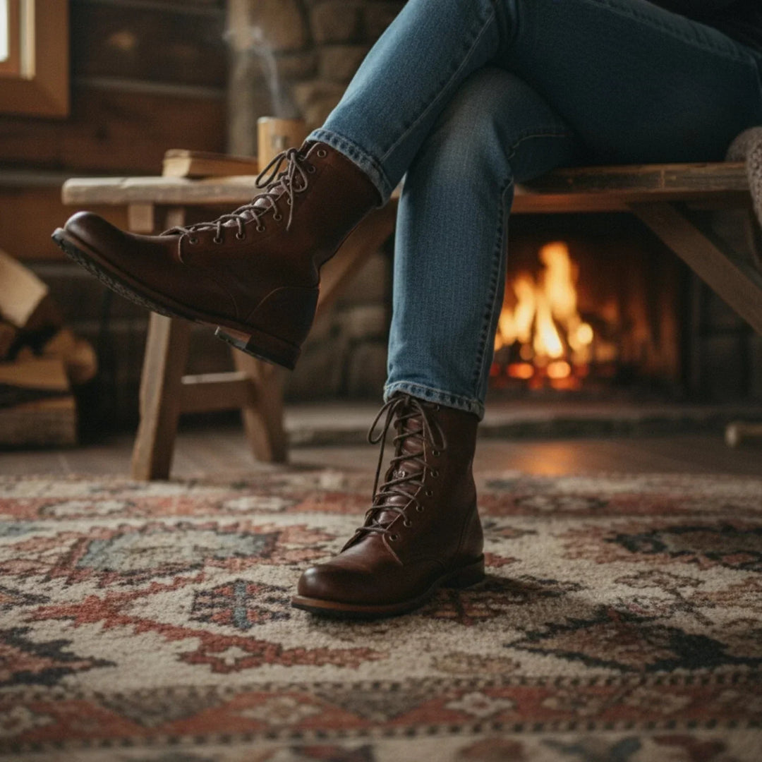 Women's Brown Leather Mid-Calf Combat Boots – Lace-Up Front