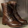 Women's Brown Leather Mid-Calf Combat Boots – Lace-Up Front