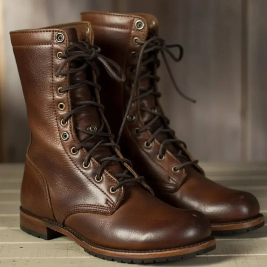 Women's Brown Leather Mid-Calf Combat Boots – Lace-Up Front