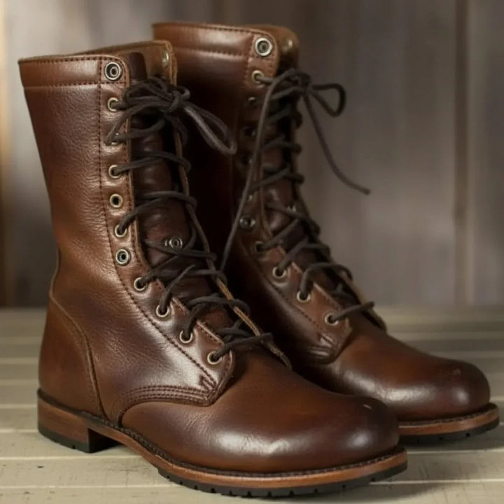 Women's Brown Leather Mid-Calf Combat Boots – Lace-Up Front