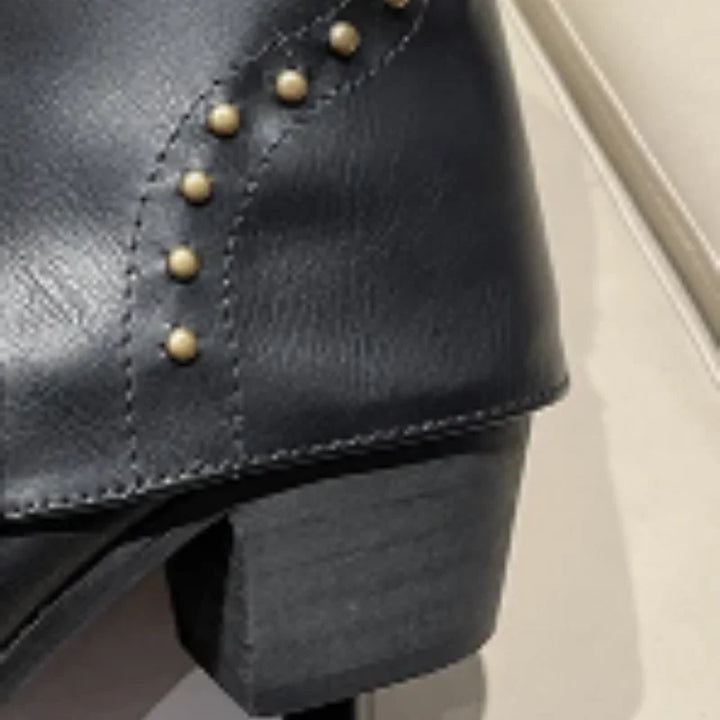 Women's Brown Studded Western Mid-Calf Boots – Pointed-Toe And Block-Heel