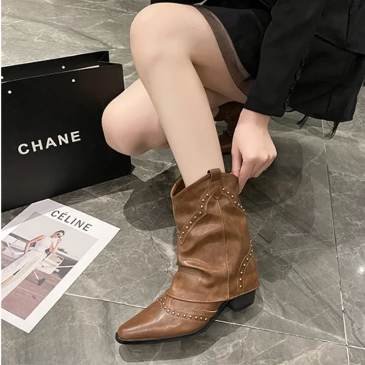 Women's Brown Studded Western Mid-Calf Boots – Pointed-Toe And Block-Heel