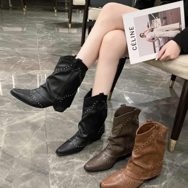 Women's Brown Studded Western Mid-Calf Boots – Pointed-Toe And Block-Heel